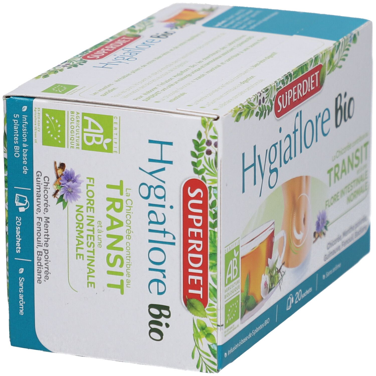 Boîte Superdiet Hygiaflore Bio. Transit, Flore Intestinale Normale. 20 sachets. Certification AB-Bio. Vue en biais.