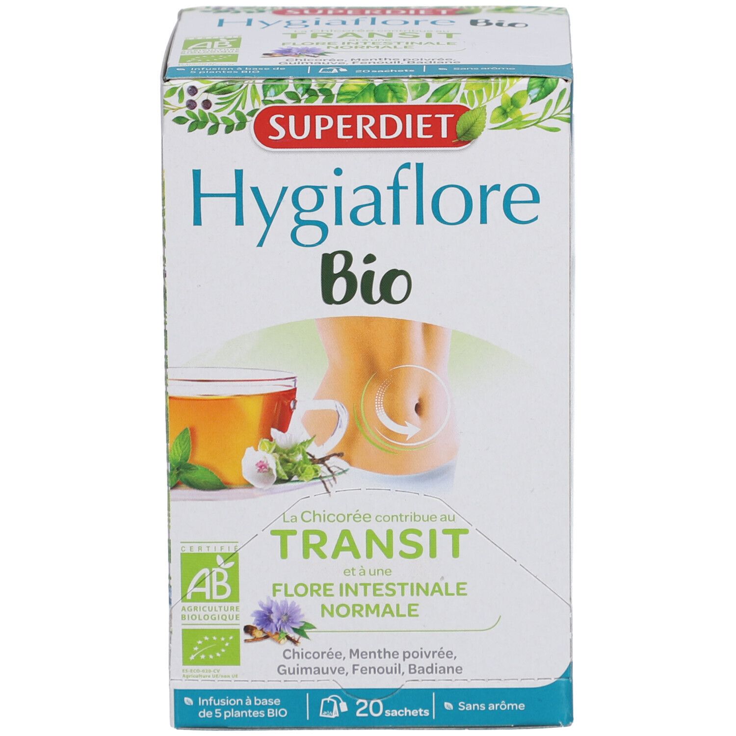 Boîte Superdiet Hygiaflore Bio. Transit, Flore Intestinale Normale. 20 sachets. Certification AB-Bio.
