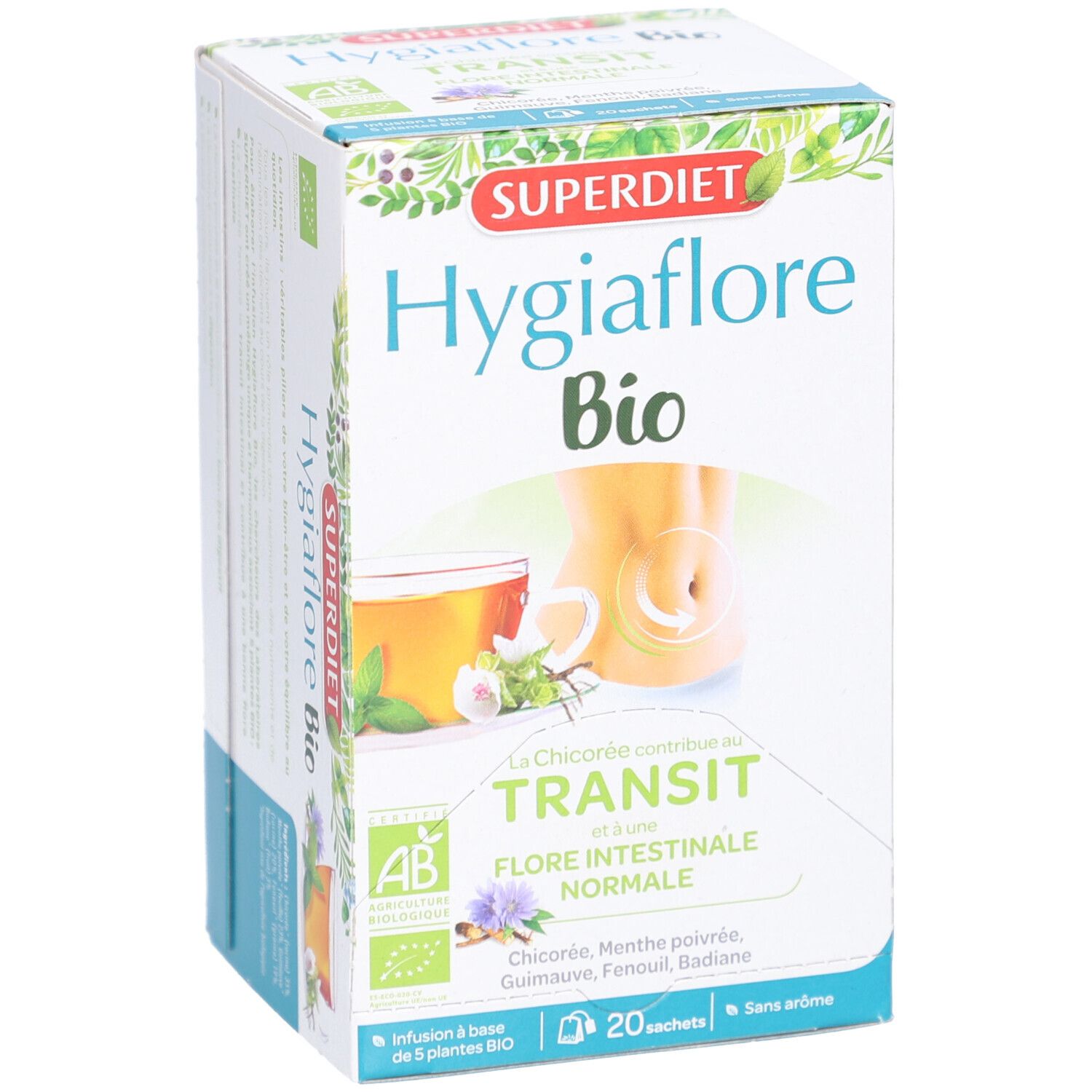 Boîte Superdiet Hygiaflore Bio. Transit, Flore Intestinale Normale. 20 sachets. Certification AB-Bio. Vue en biais.