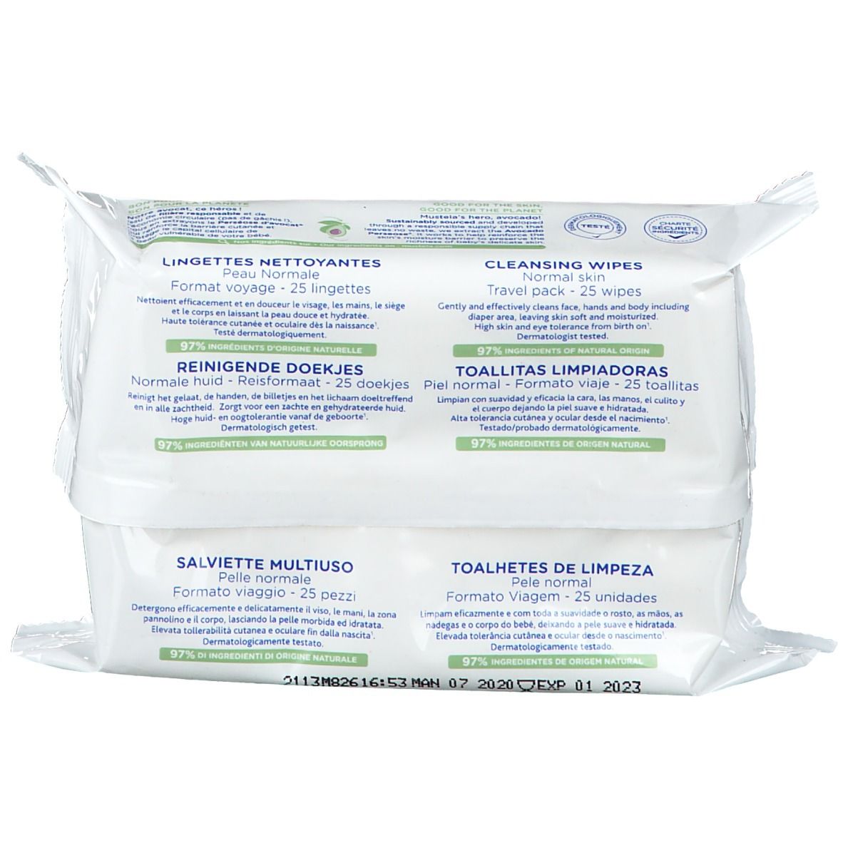 Dos du paquet de lingettes Mustela. Plusieurs langues. Contient 25 lingettes. Inscription: Lingettes nettoyantes, format voyage.