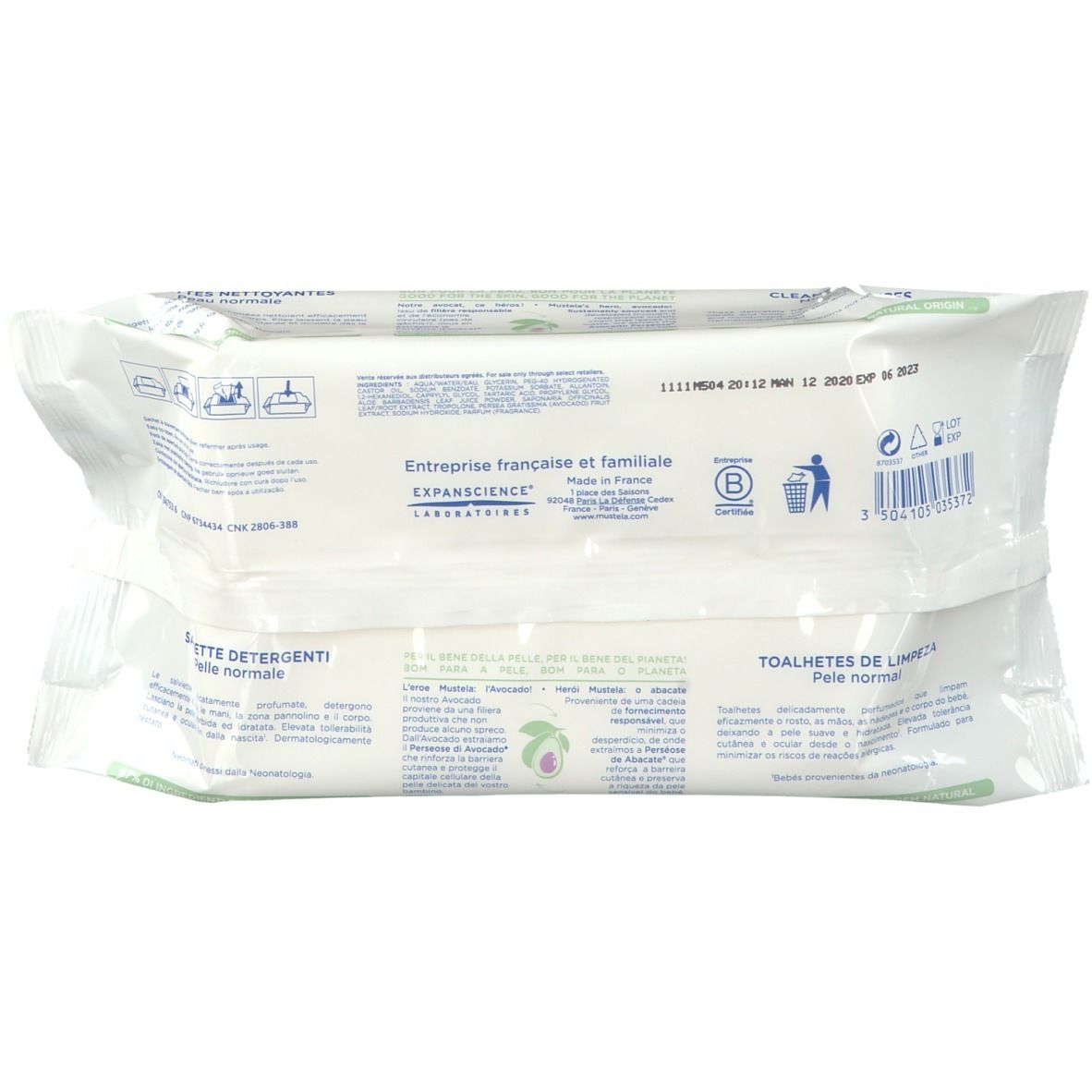 Dos du paquet de lingettes Mustela Bébé. Texte et illustrations sur fond blanc.