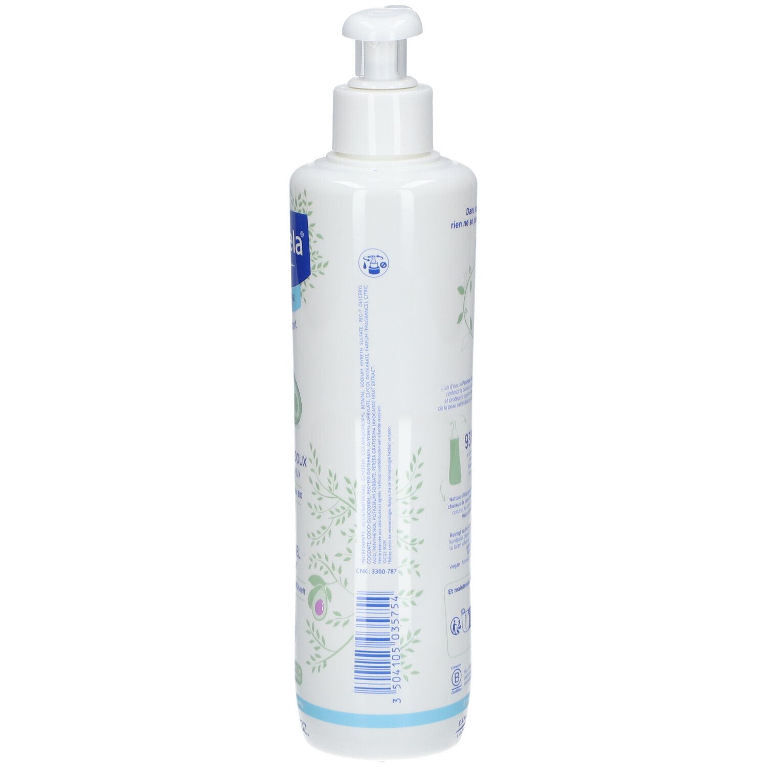 Flacon blanc avec pompe. Vue latérale avec texte et illustrations de plantes vertes. Accents bleus et verts.