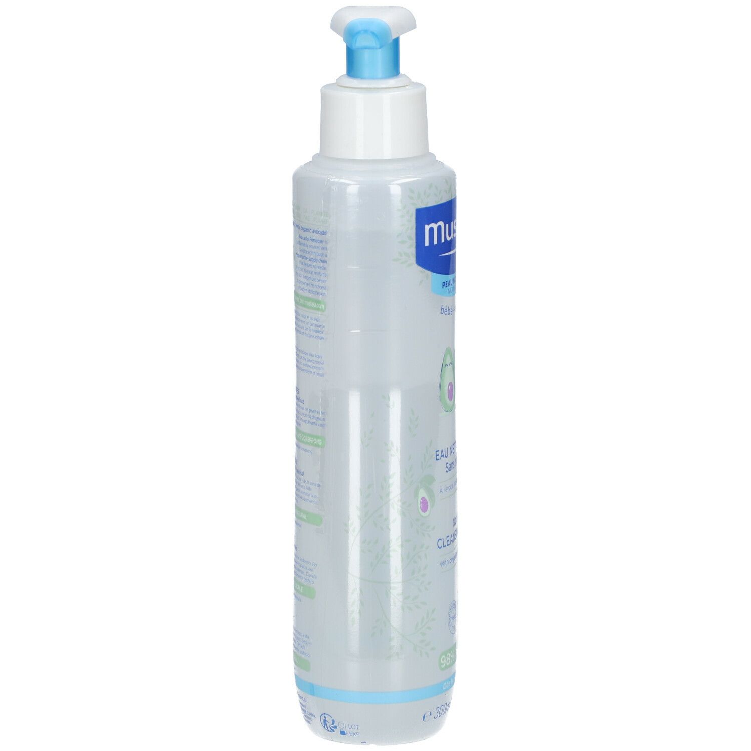 Mustela Eau nettoyante pour peau normale. Flacon avec pompe. Vue latérale avec texte et informations sur les ingrédients.