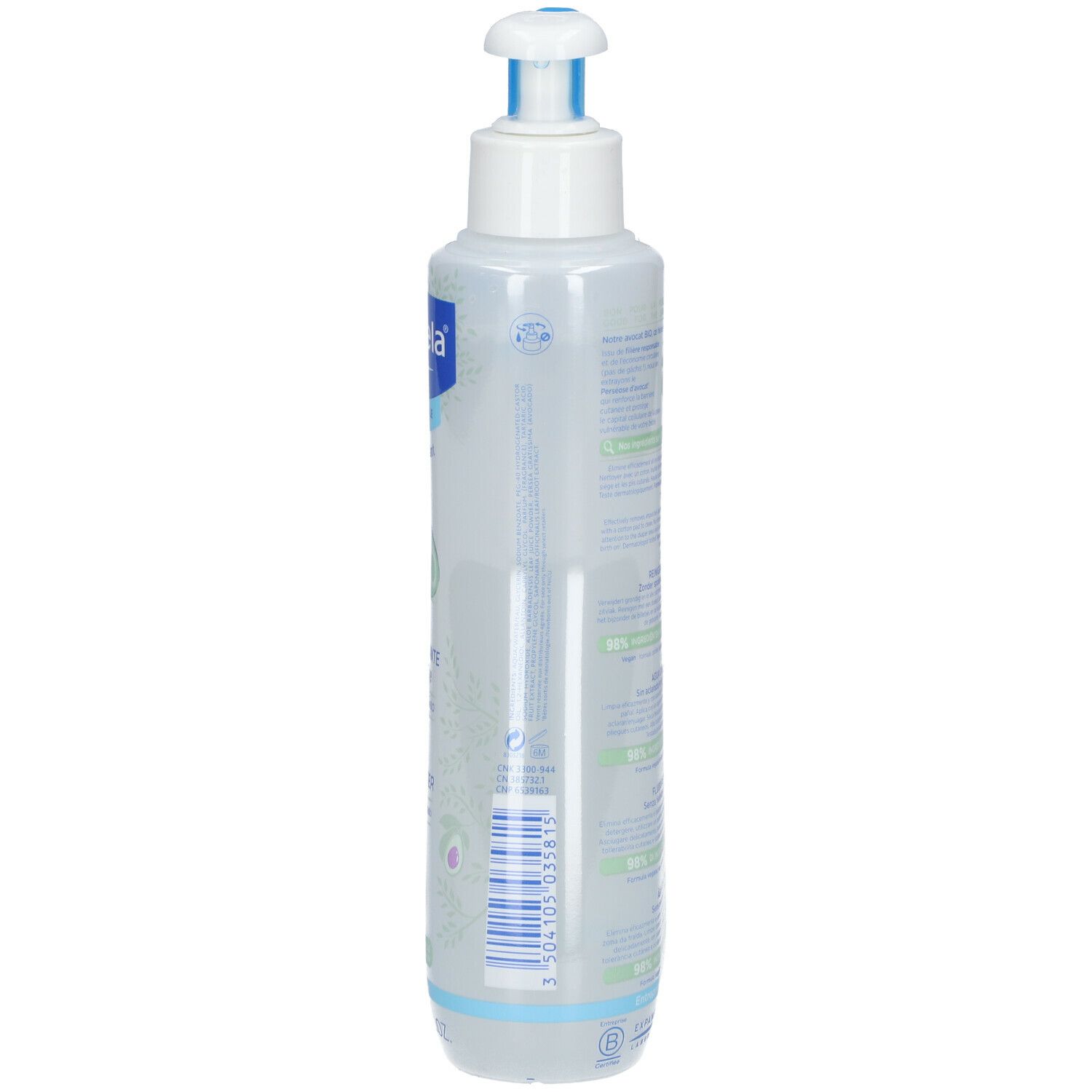Flacon Mustela Eau nettoyante. Vue latérale avec code-barres. Inscriptions et informations sur les ingrédients.