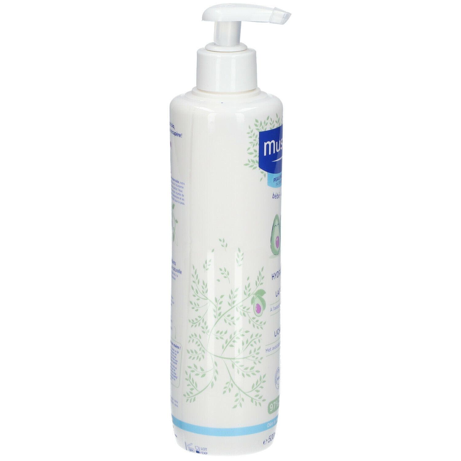Flacon blanc avec pompe, vue latérale avec motif floral. Texte au dos. 500ml.