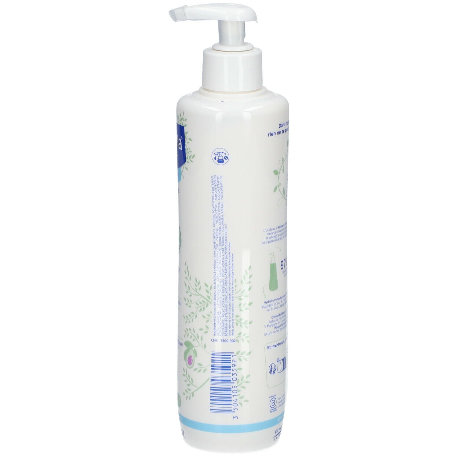 Flacon blanc avec pompe, vue latérale avec motif floral. Texte au dos. 500ml.