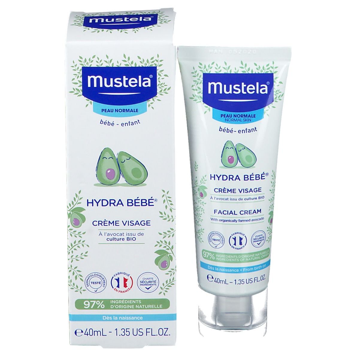 Gesichtscreme und Verpackung. Marke Mustela, Hydra Bébé. Für normale Haut, Bébé-Enfant. Enthält Avocado. 40ml.