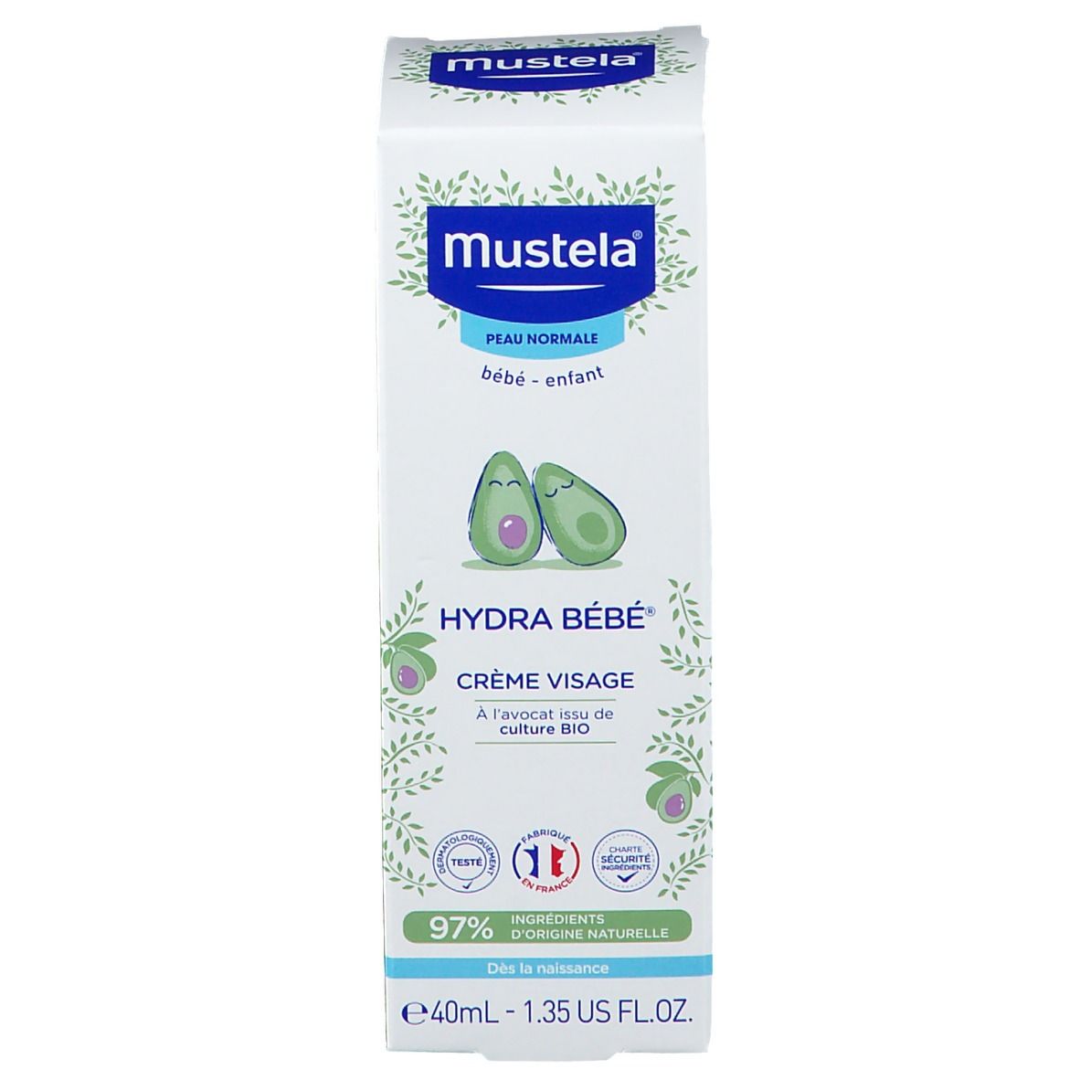 Verpackung Gesichtscreme. Marke Mustela, Hydra Bébé. Für normale Haut, Bébé-Enfant. Enthält Avocado. 40ml.