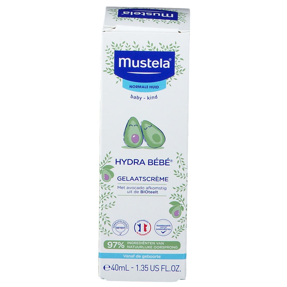 Verpackung Gesichtscreme. Marke Mustela, Hydra Bébé. Für normale Haut, Baby-Kind. Enthält Avocado. 40ml.
