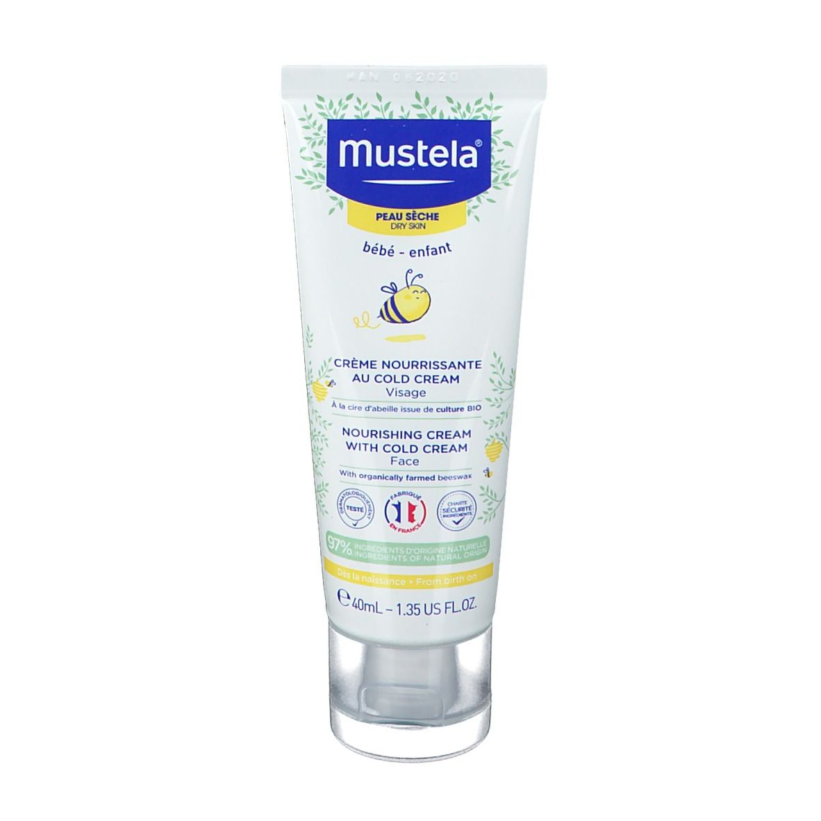 Mustela crème pour peau sèche bébé-enfant. Tube avec Cold Cream. Design jaune et blanc avec abeille et citron.