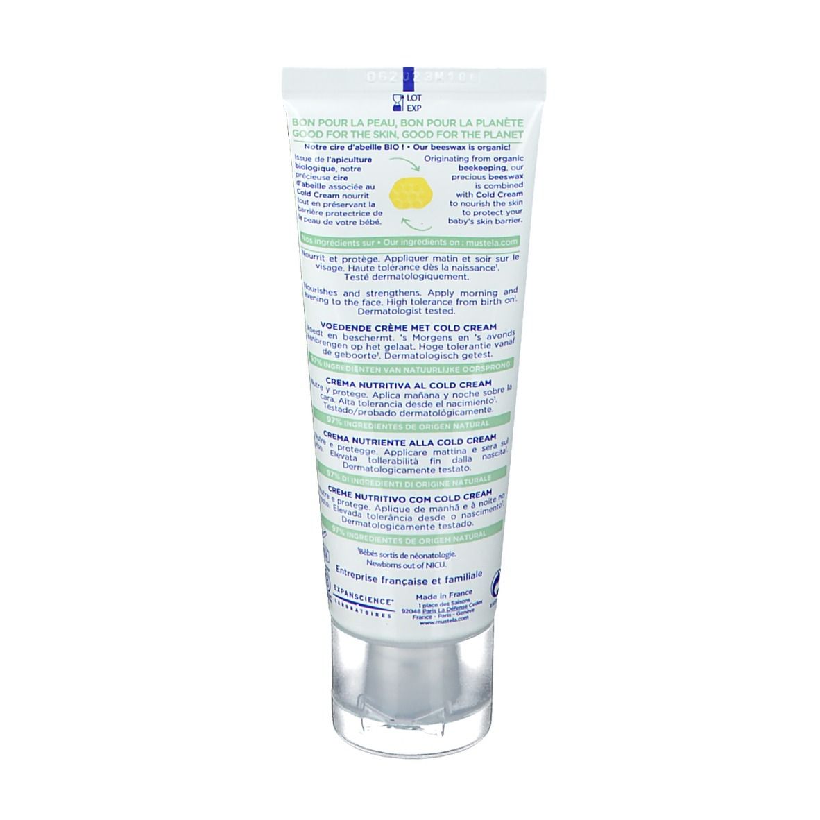 Dos du tube de crème Mustela. Texte multilingue. Design vert et blanc. Contient des informations sur les ingrédients et les certifications.