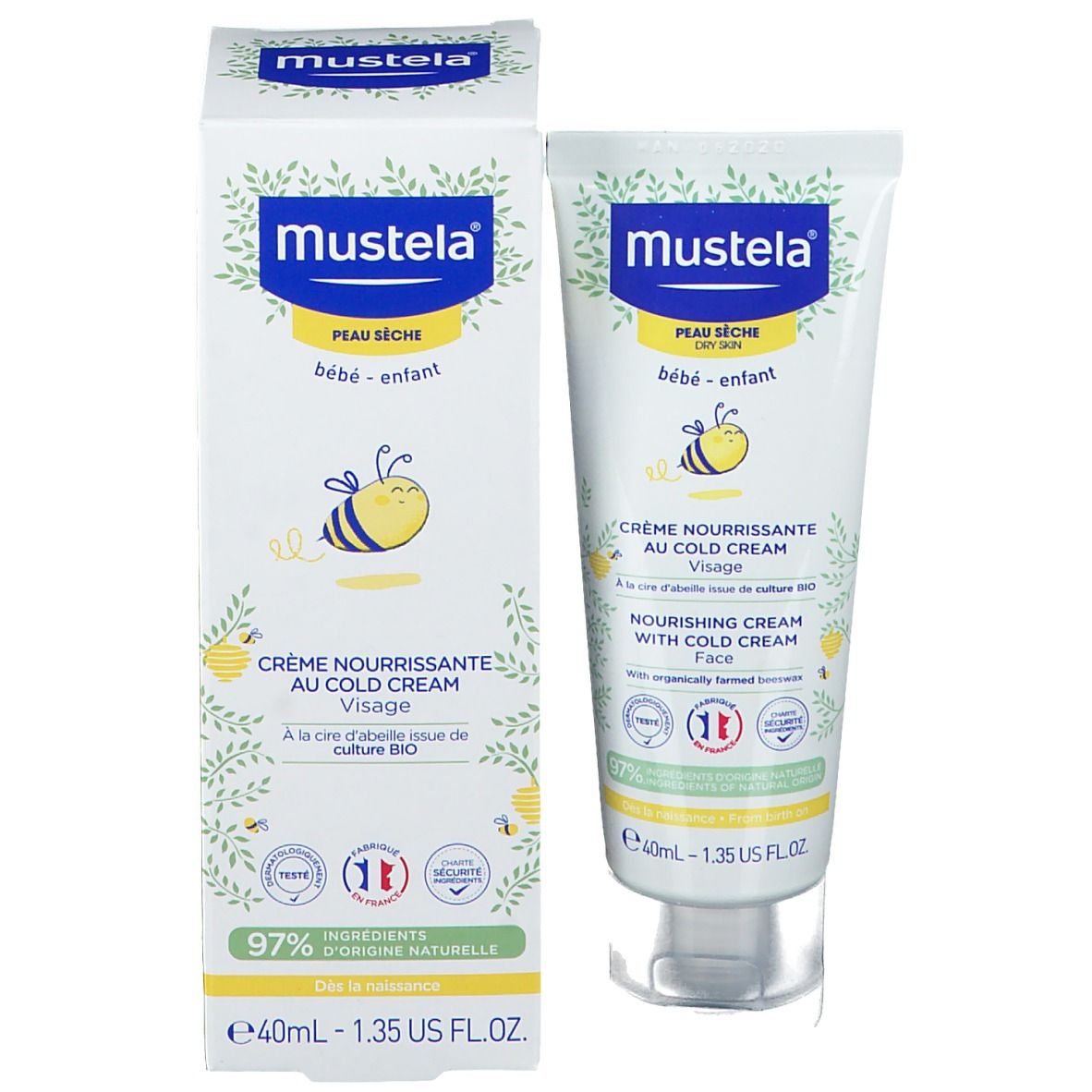 Mustela crème avec emballage. Tube et boîte. Design blanc avec accents jaunes, abeille et citron. Cold Cream.