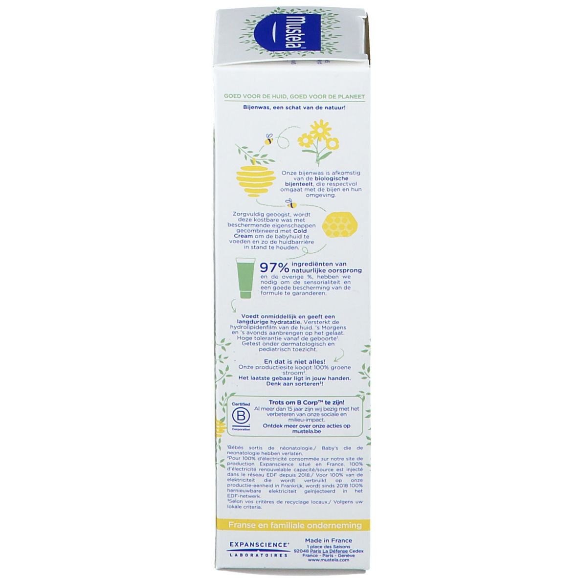 Dos de la boîte de crème Mustela. Texte multilingue. Design vert et blanc. Informations sur les ingrédients et certifications.
