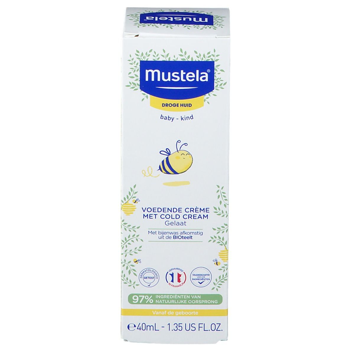 Boîte de crème Mustela. Peau sèche, bébé-enfant. Design jaune et blanc avec abeille et citron. Crème nourrissante.