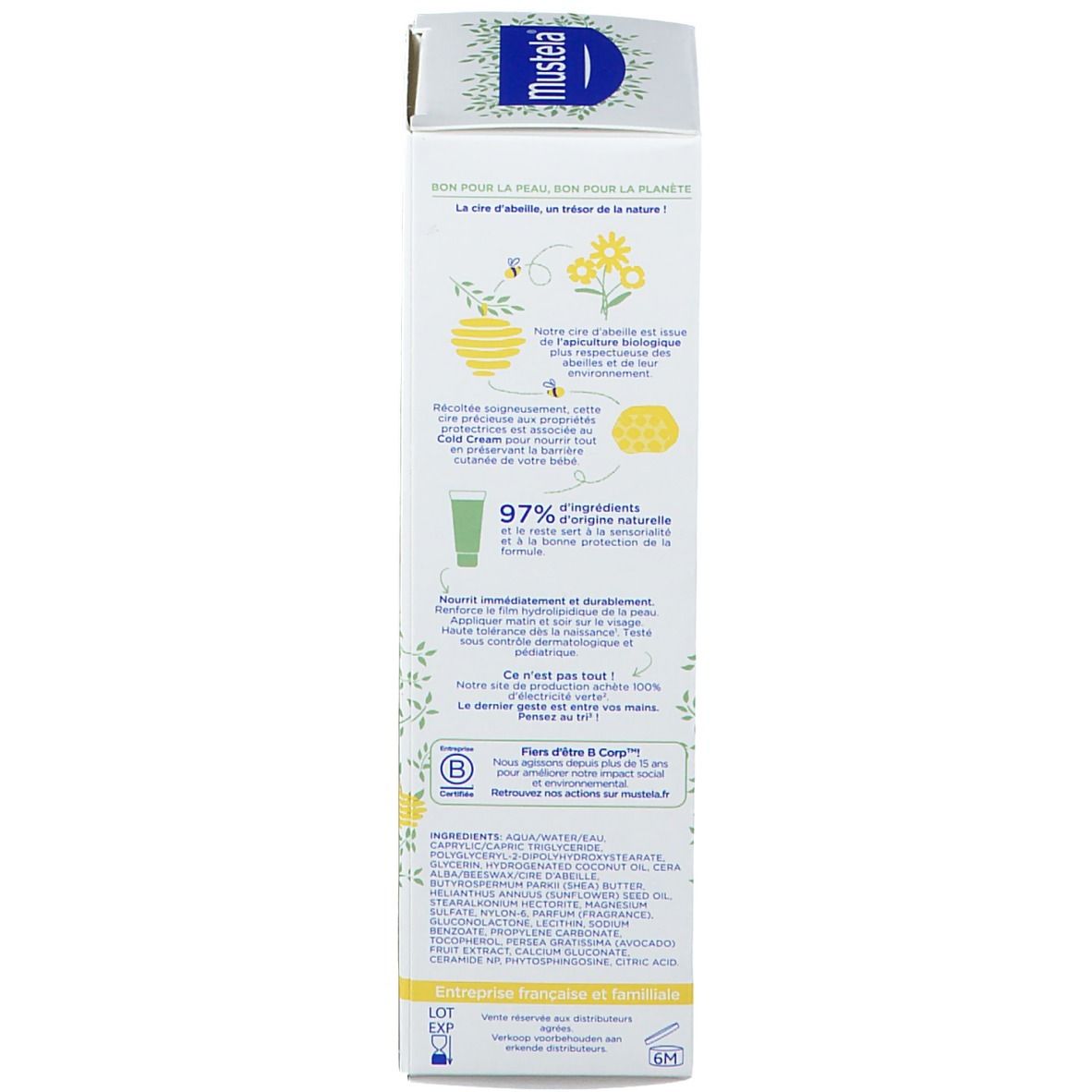 Dos de la boîte de crème Mustela. Texte multilingue. Design vert et blanc. Informations sur les ingrédients et certifications.