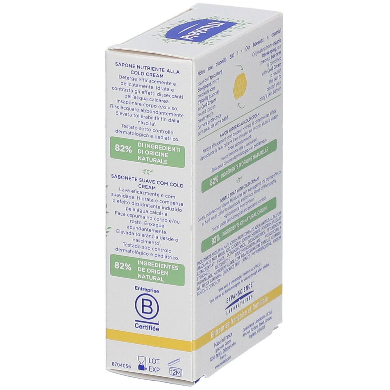 Seifenverpackung. Aufschrift: Mustela, Savon surgras au Cold Cream, 82% Inhaltsstoffe natürlichen Ursprungs. B-Zertifizierung.