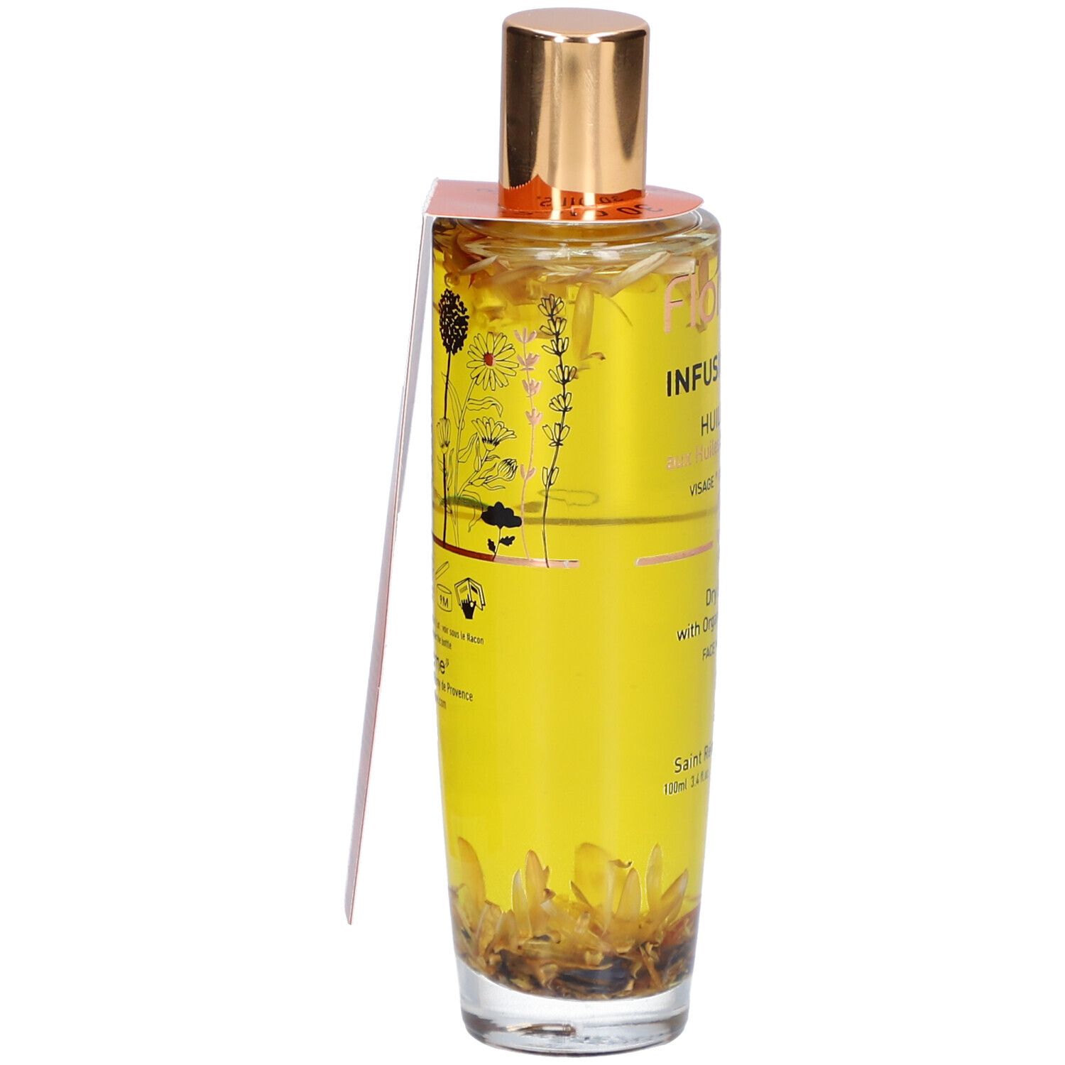 Flacon en verre avec bouchon doré et étiquette. Contient un liquide jaune avec des fleurs. Inscription : Infusion Divine, Huile Seche.