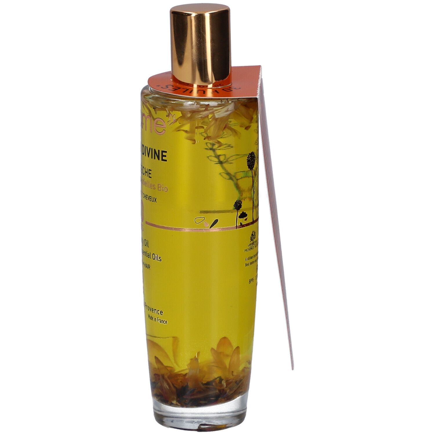 Flacon en verre avec bouchon doré et étiquette. Contient un liquide jaune avec des fleurs. Inscription : Infusion Divine, Huile Seche.