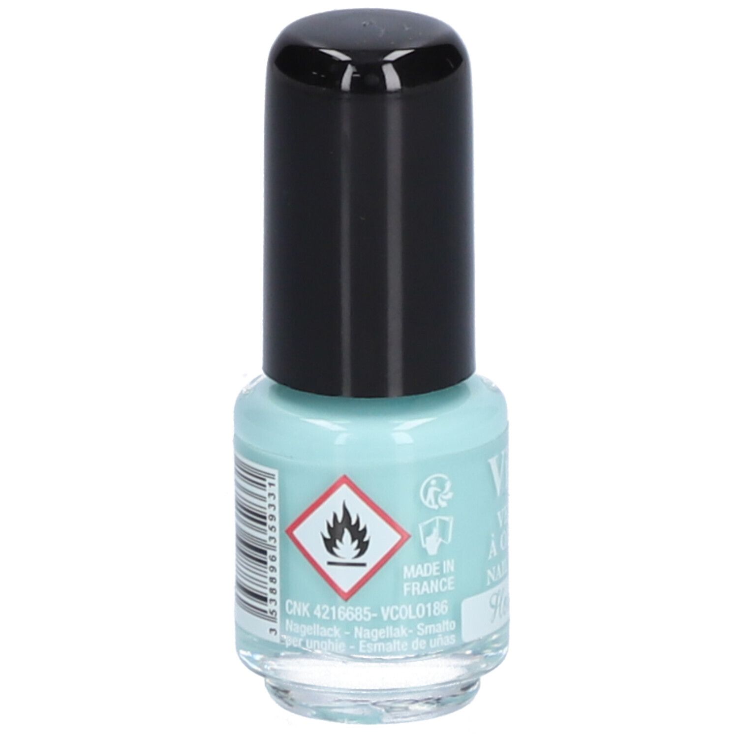 Hellblaues Nagellackfläschchen mit schwarzem Deckel. Aufschrift: Vitry, Honolulu. Gefahrensymbol. Produktname und Marke sichtbar.