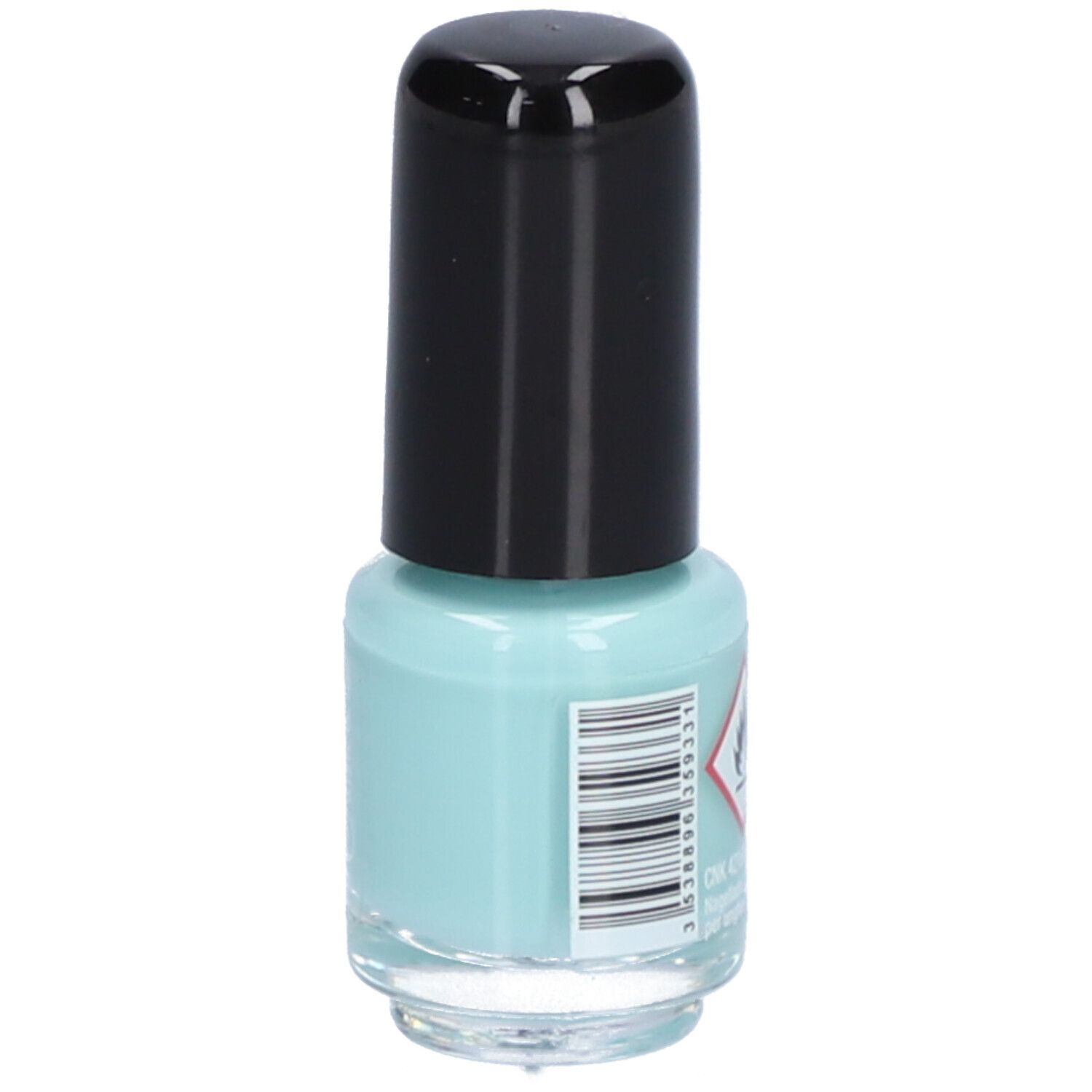 Hellblaues Nagellackfläschchen mit schwarzem Deckel. Aufschrift: Vitry, Honolulu. Barcode. Produktname und Marke sichtbar.