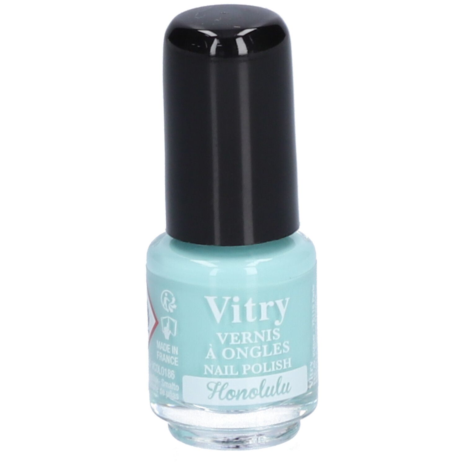 Hellblaues Nagellackfläschchen mit schwarzem Deckel. Aufschrift: Vitry, Honolulu. Gefahrensymbol. Produktname und Marke sichtbar.