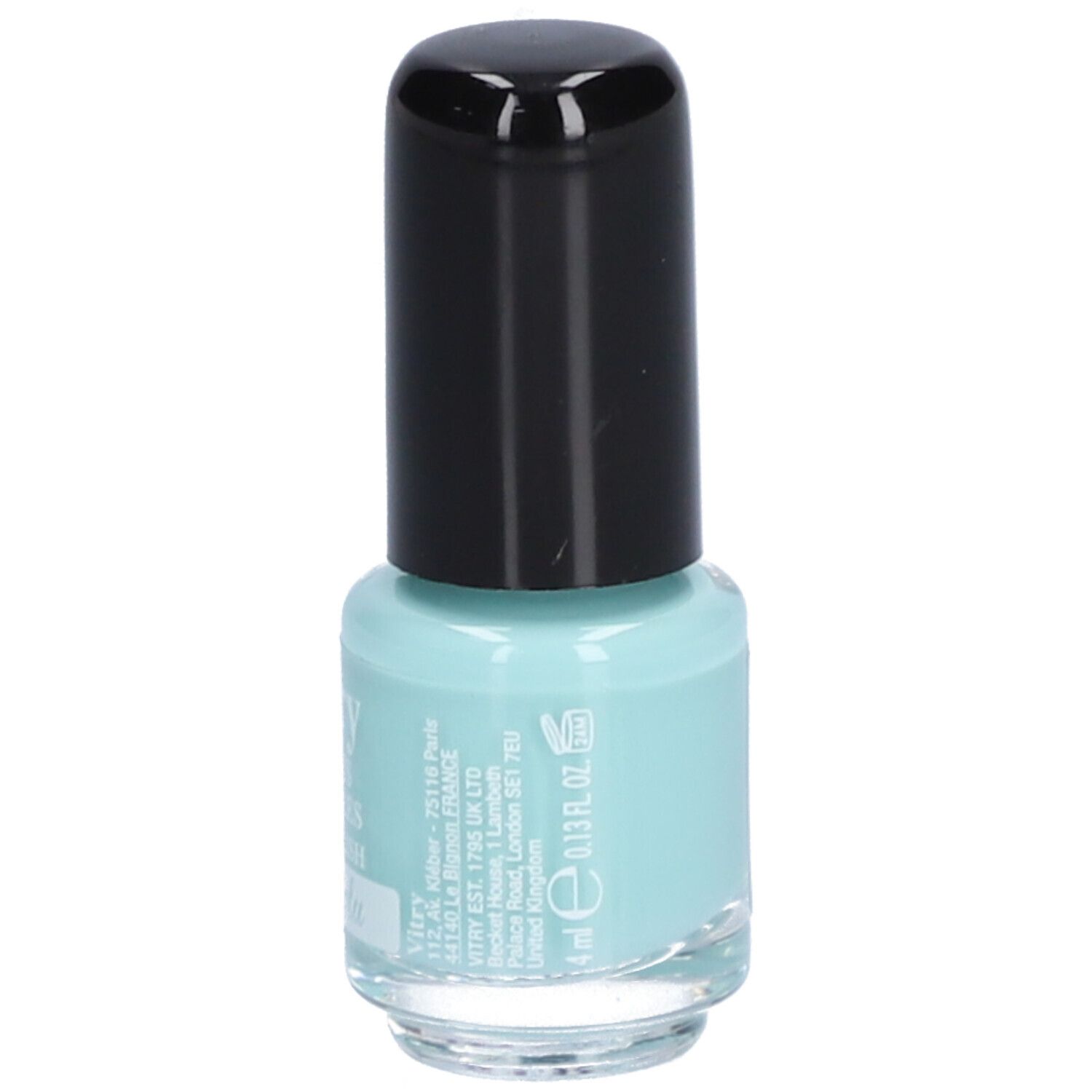 Hellblaues Nagellackfläschchen mit schwarzem Deckel. Aufschrift: Vitry, Honolulu. Volumenangabe: 4 ml. Produktname und Marke sichtbar.