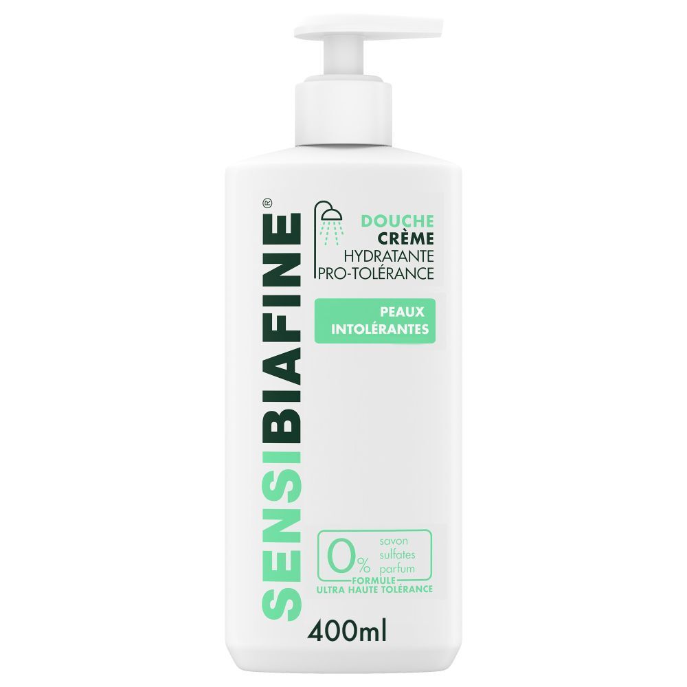 Flacon blanc avec pompe. Inscription: SENSIBIAFINE, Crème de douche, PRO-TOLERANCE, Peaux Intolérantes. 400ml. 0% savon, sulfates, parfum.