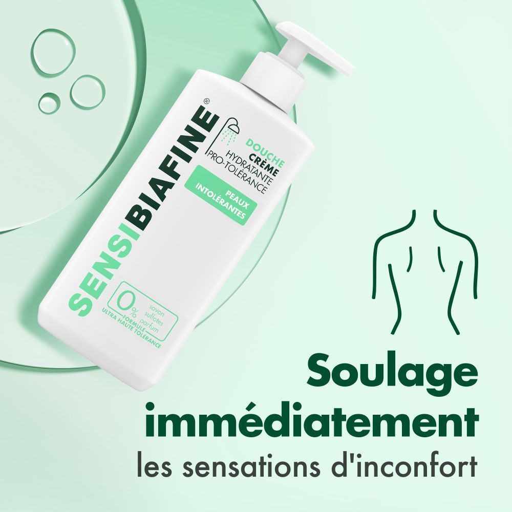 Flacon avec pompe en biais. Texte: SENSIBIAFINE, Crème de douche, PRO-TOLERANCE, Peaux Intolérantes. Dessin: dos. Texte: Soulage immédiatement l'inconfort.