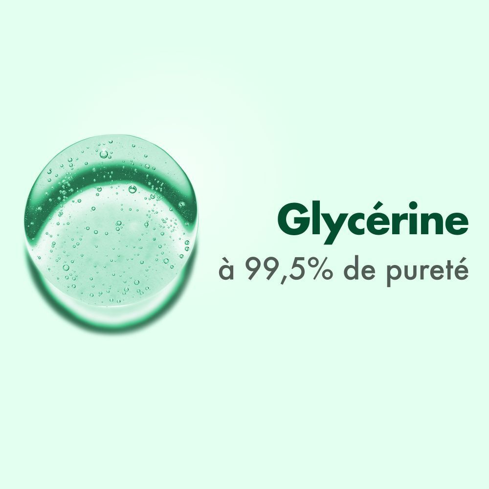 Goutte ronde et transparente. Texte: Glycérine à 99,5% de pureté.