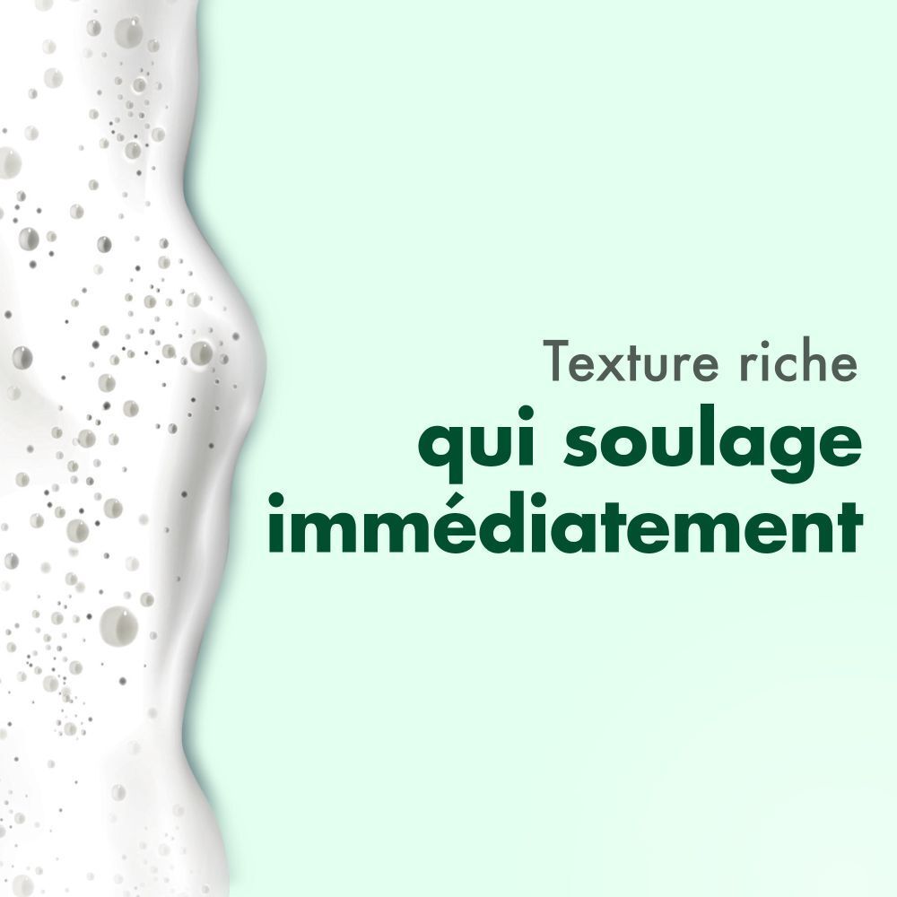 Mousse. Texte: Texture riche qui soulage immédiatement.