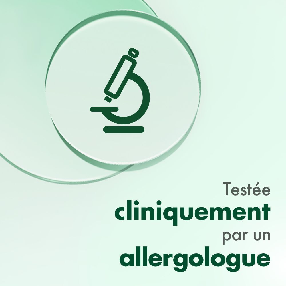 Symbole de microscope. Texte: Testé cliniquement par un allergologue.