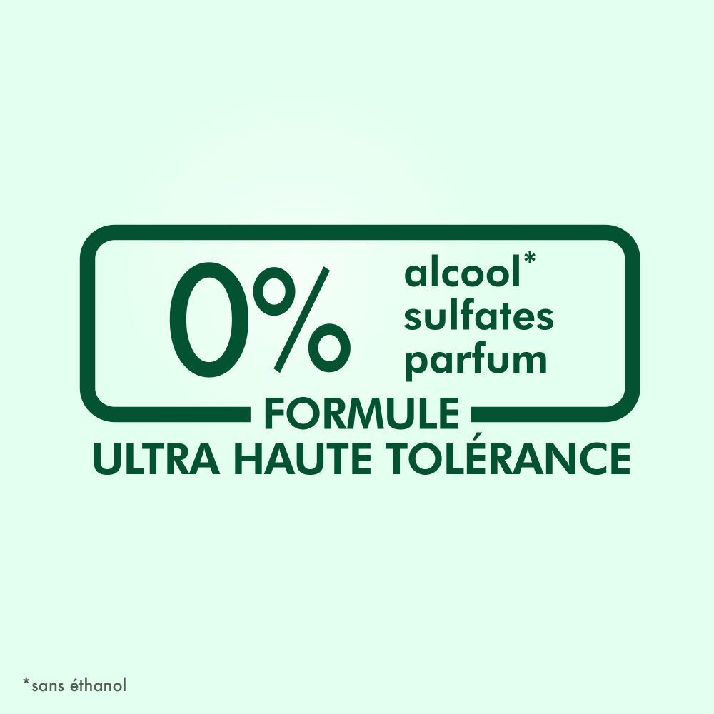 Texte: 0% alcool, sulfates, parfum. Formule Ultra haute tolérance.