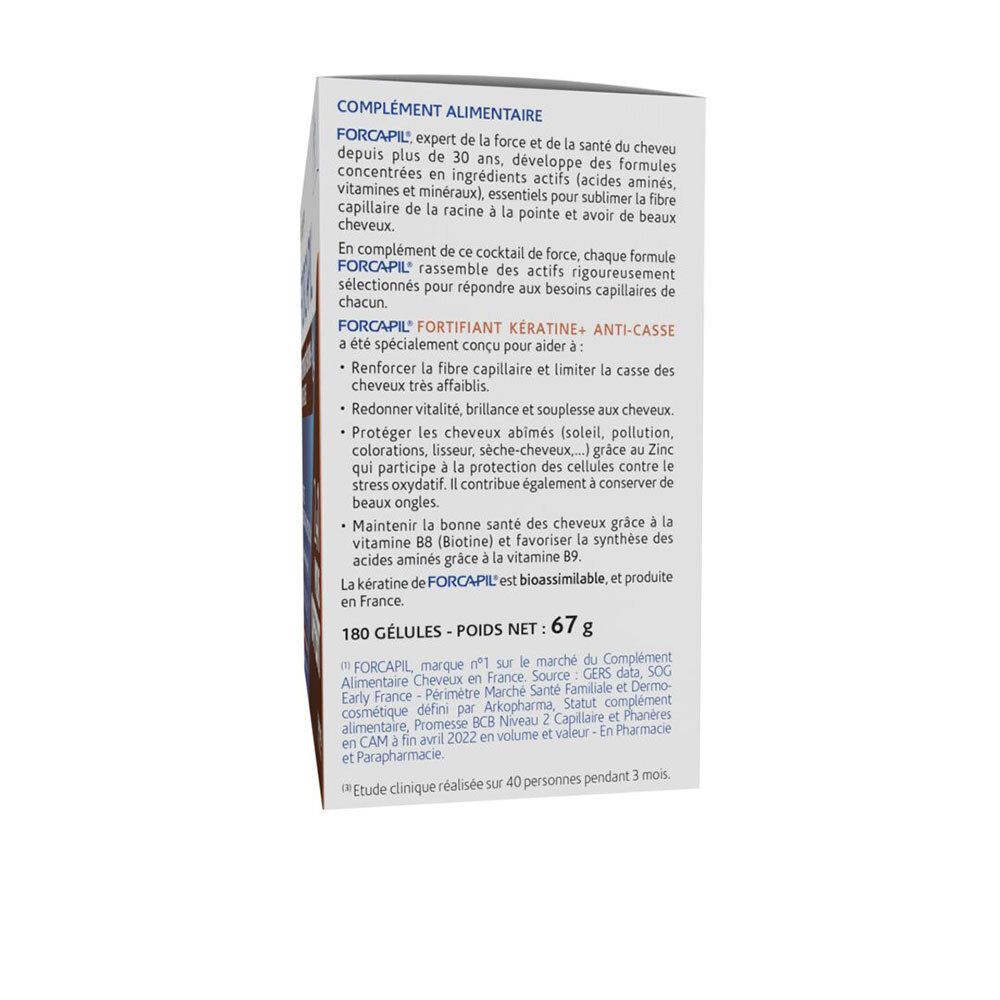 Dos de la boîte FORCAPIL® KERATIN+. Texte sur les ingrédients et les informations nutritionnelles.