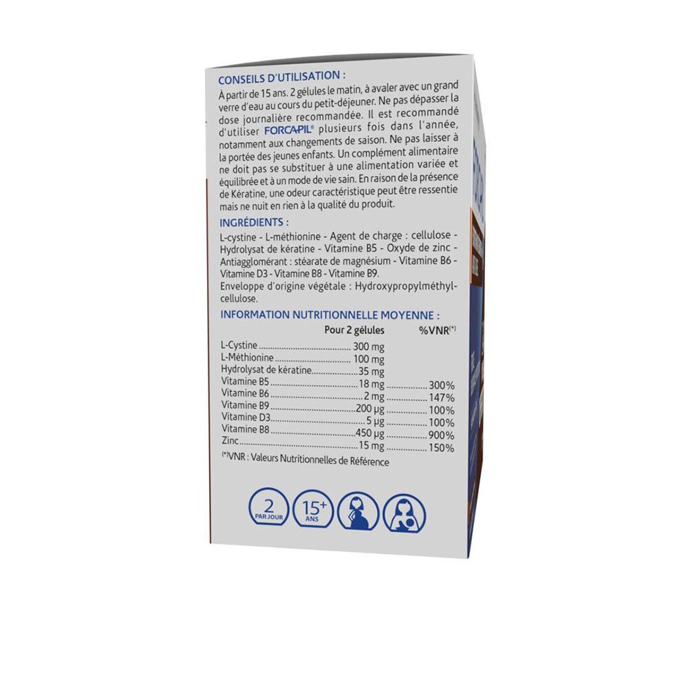 Détail de la boîte FORCAPIL® KERATIN+. Ingrédients et informations nutritionnelles en tableau.