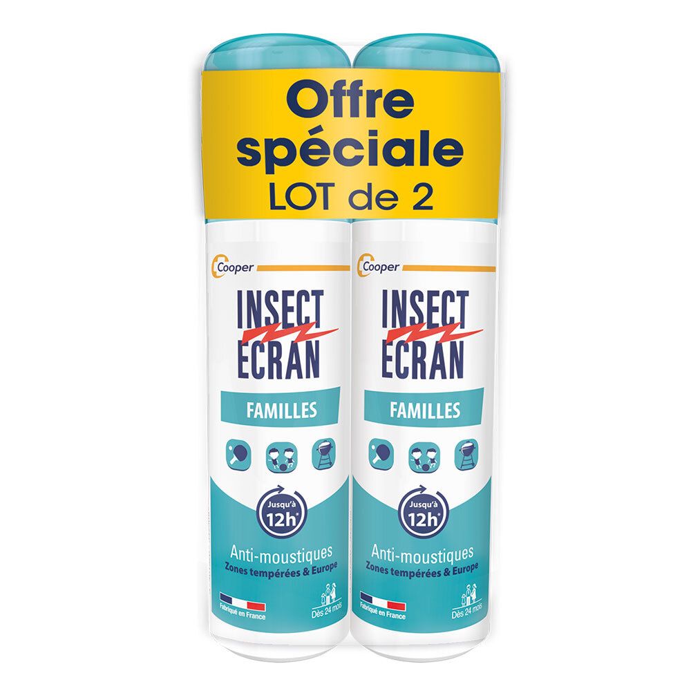 Deux sprays, emballage jaune « Offre spéciale LOT de 2 ». Inscription : INSECT ÉCRAN FAMILLES.