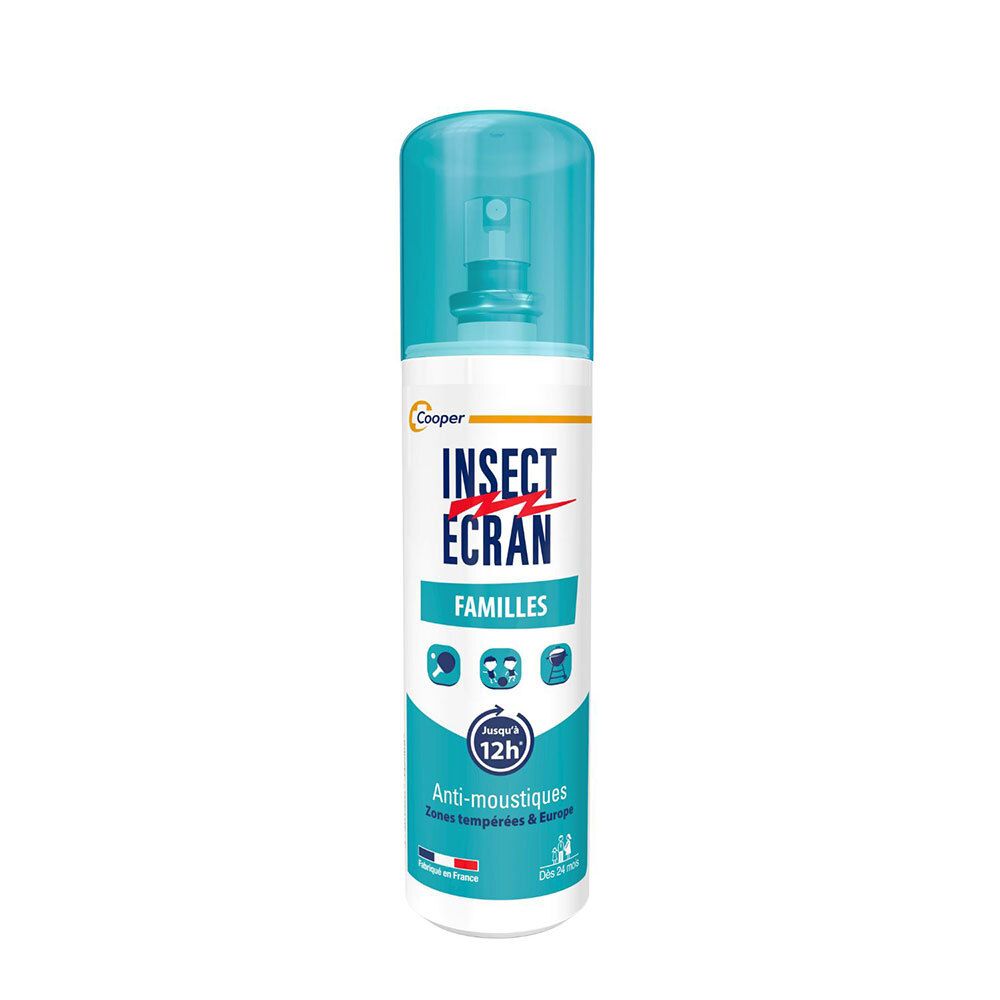 Flacon spray blanc, tête bleue. Inscription : INSECT ÉCRAN FAMILLES. Logo Cooper.