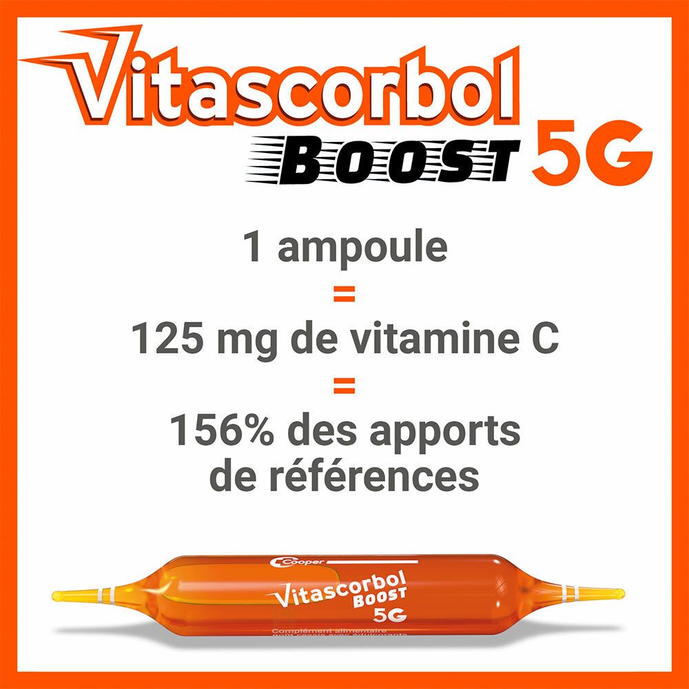 Ampoule Vitascorbol Boost 5G. 1 ampoule = 125 mg de vitamine C = 156% des apports de référence.