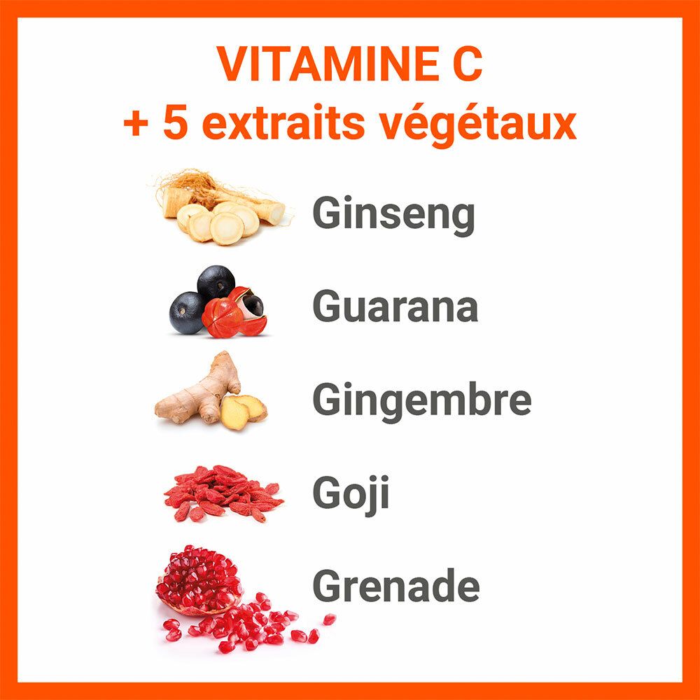Vitamine C + 5 extraits végétaux : Ginseng, Guarana, Gingembre, Grenade, Goji.