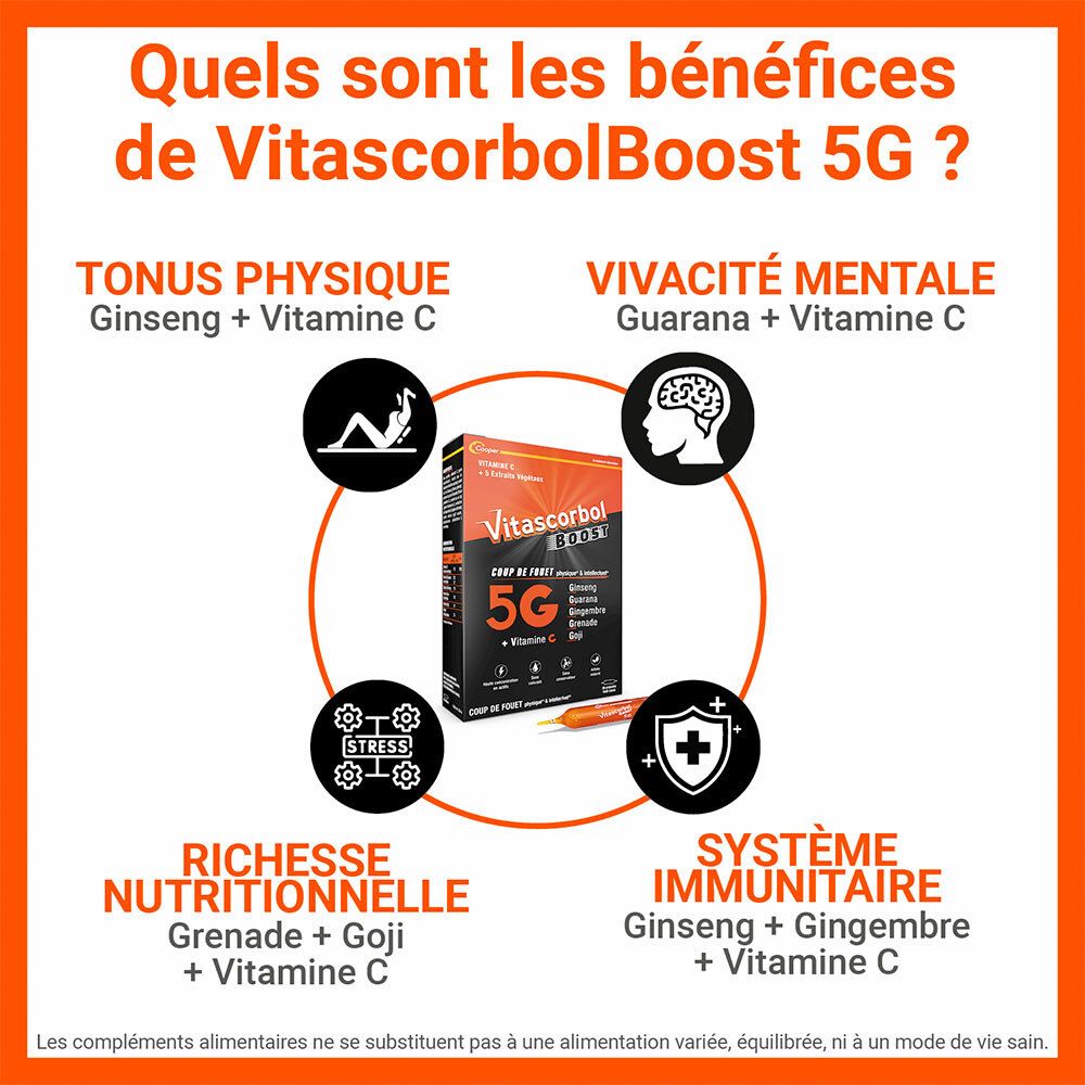 Bénéfices Vitascorbol Boost 5G : Tonus physique, Vitalité mentale, Richesse nutritionnelle, Système immunitaire.
