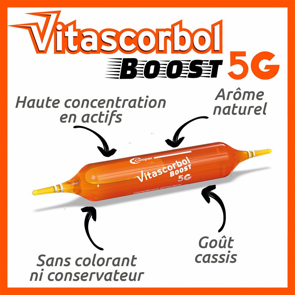 Ampoule Vitascorbol Boost 5G. Haute concentration en actifs, arôme naturel, sans colorant ni conservateur.