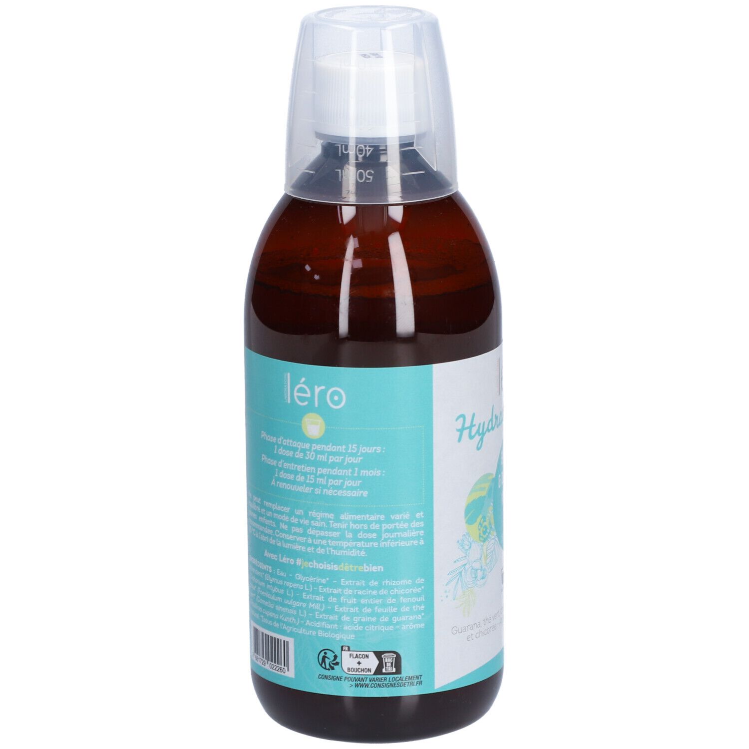 Flacon brun avec bouchon blanc. Étiquette avec informations produit. Texte en français. Logo de recyclage.