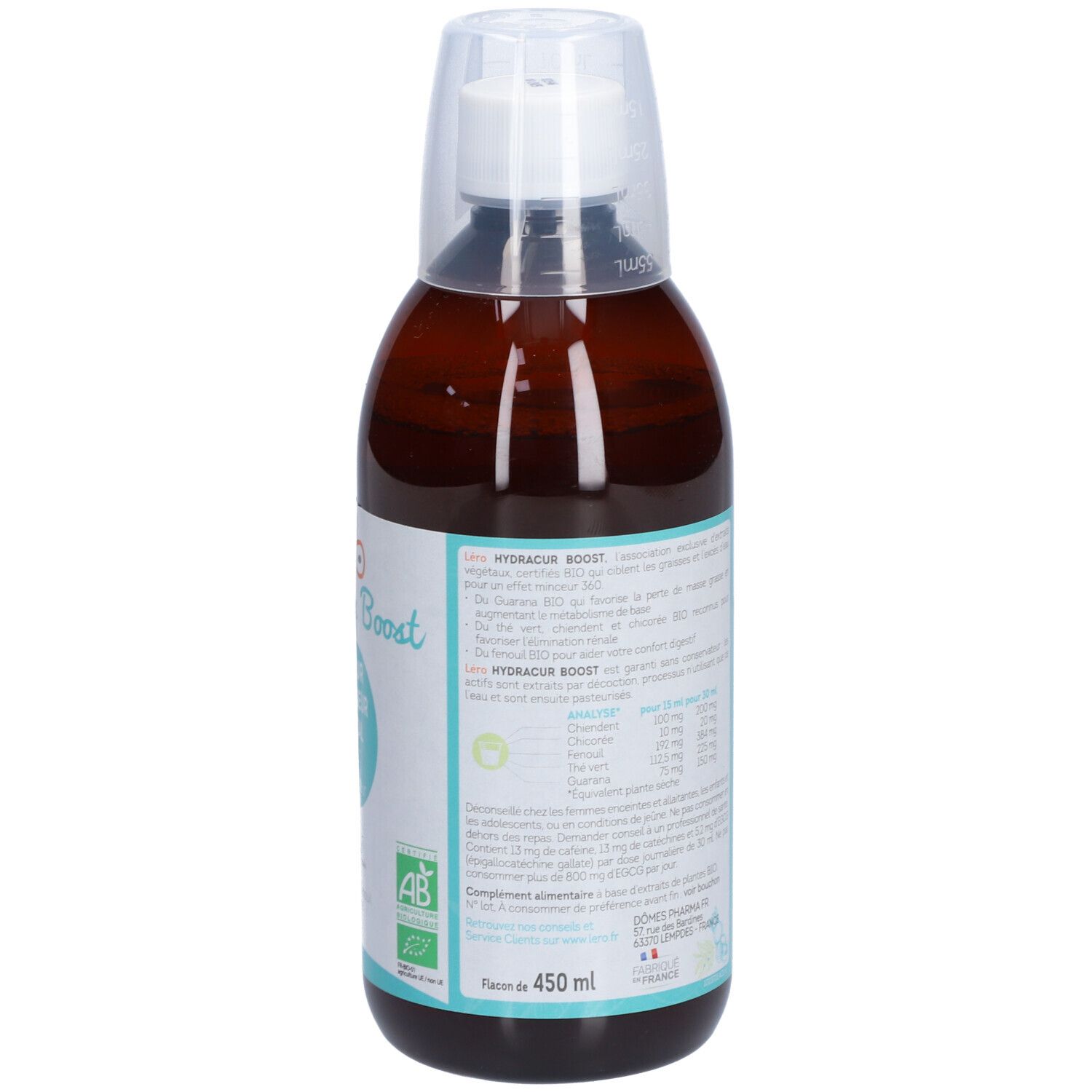 Flacon brun avec bouchon blanc. Étiquette avec informations produit. Texte en français. Volume : 450 ml.