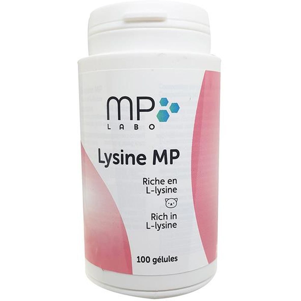 Flacon blanc avec étiquette rose. Inscription: MP Labo, Lysine MP, Rich in L-lysine. 100 gélules.