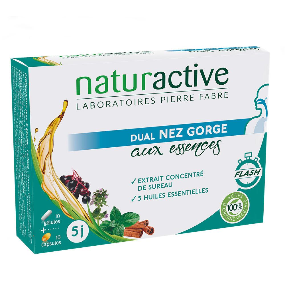 Boîte de produit avec logo et nom. Contient gélules et capsules. Illustrations de plantes et de fruits.