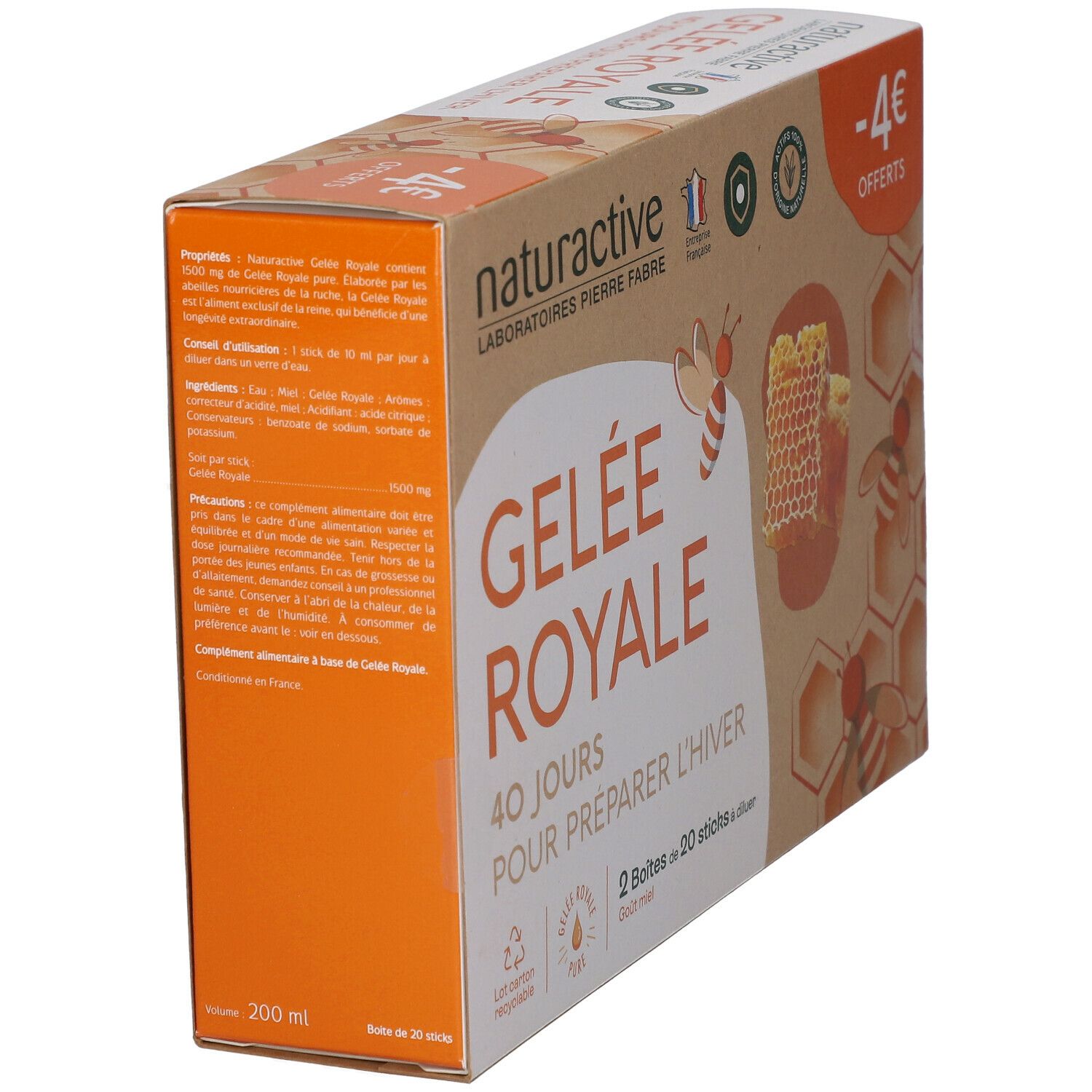 Emballage du produit avec texte. Gelée Royale, 40 jours pour préparer l'hiver. 2 boîtes de 20 sticks. Ingrédients et informations nutritionnelles.