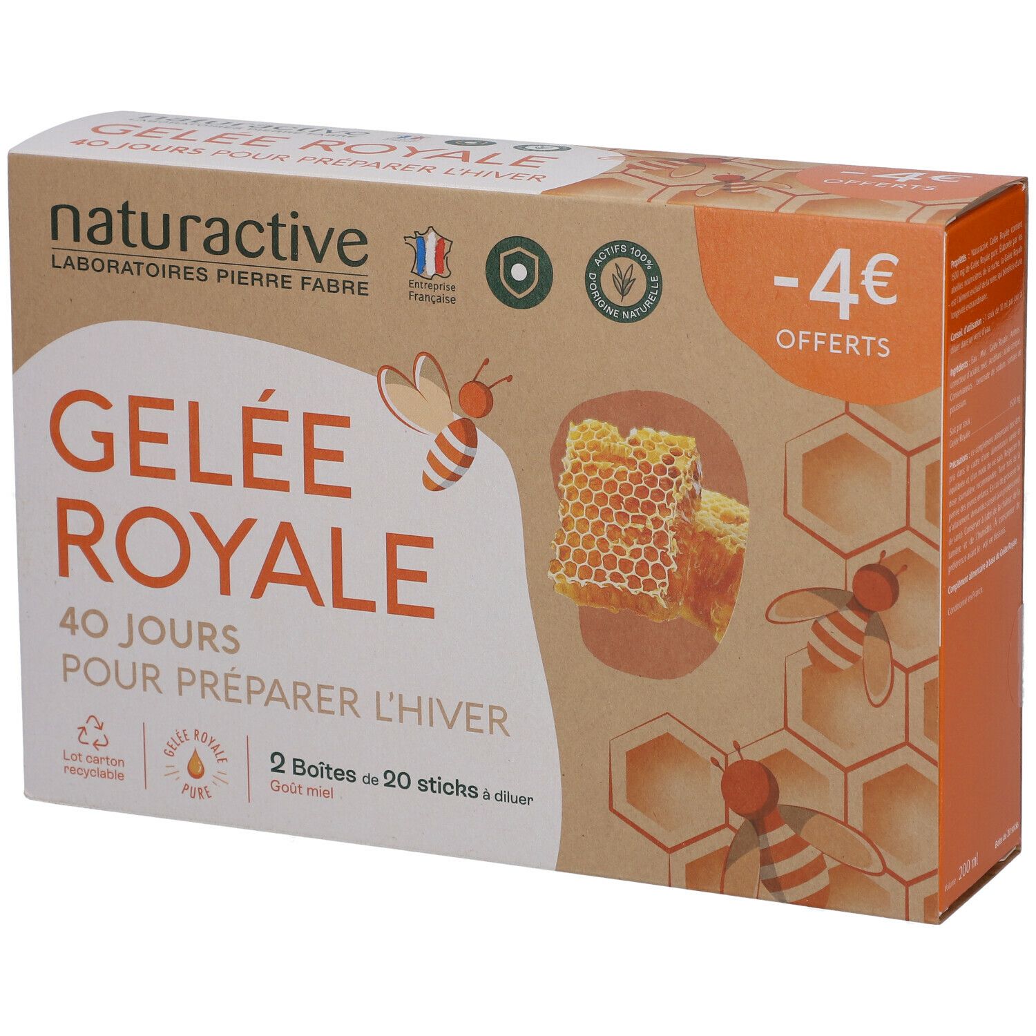 Boîte en carton avec nom et détails du produit. Gelée Royale, 40 jours pour préparer l'hiver. 2 boîtes de 20 sticks. Goût miel.