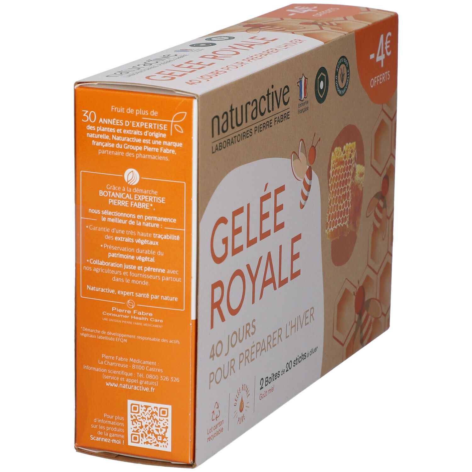 Emballage du produit avec texte. Gelée Royale, 40 jours pour préparer l'hiver. 2 boîtes de 20 sticks. Informations sur le produit et la marque.