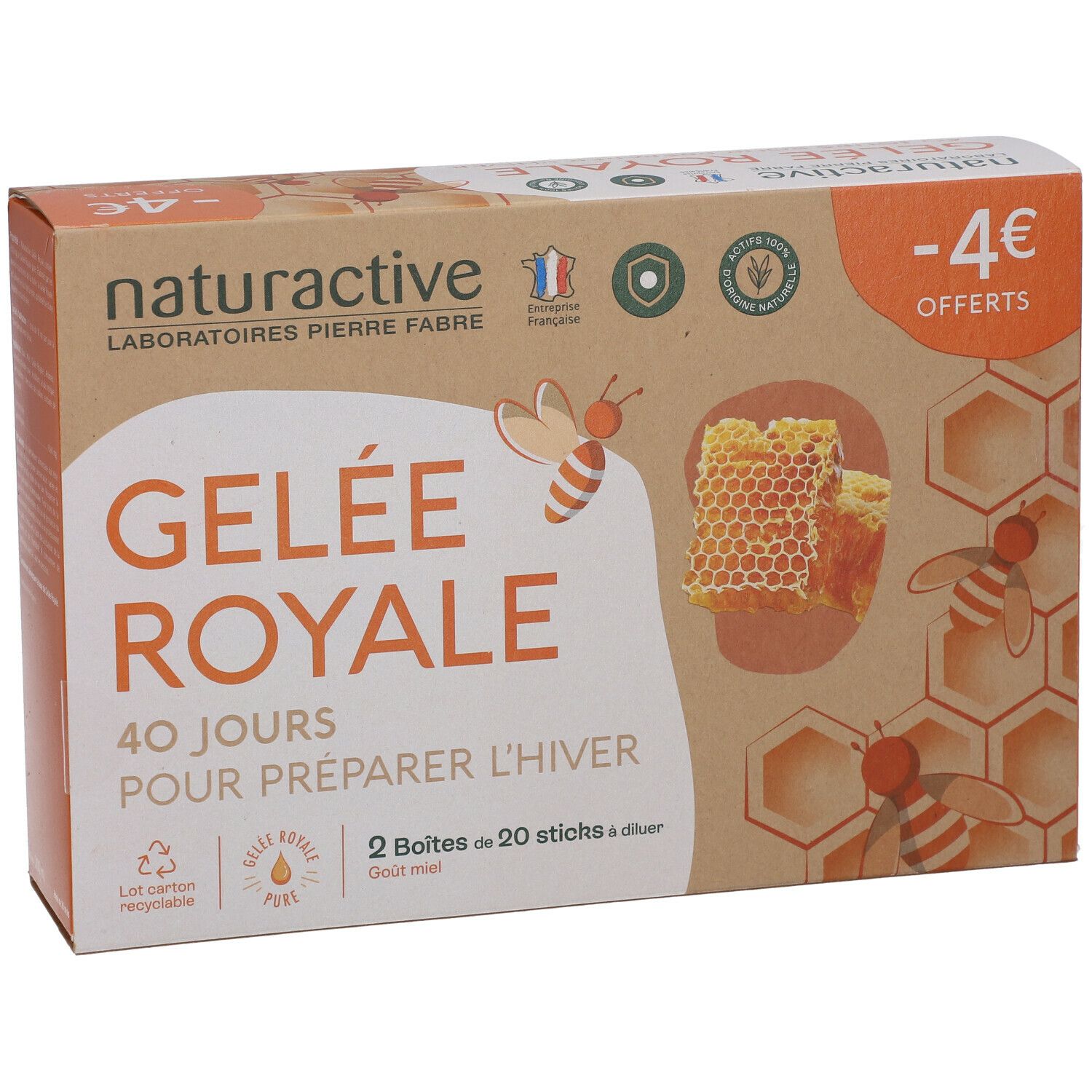 Boîte en carton avec nom et détails du produit. Gelée Royale, 40 jours pour préparer l'hiver. 2 boîtes de 20 sticks. Goût miel.