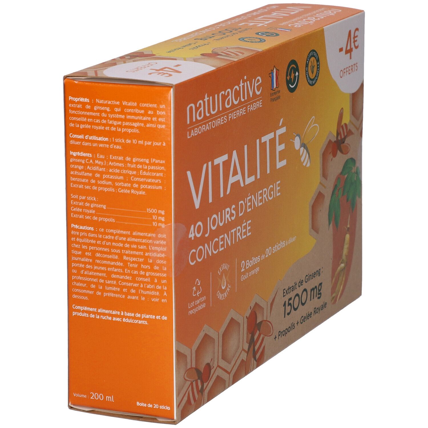 Boîte Naturactive VITALITÉ. Boîte orange avec informations produit et ingrédients. 200 ml. 2 x 20 sticks.