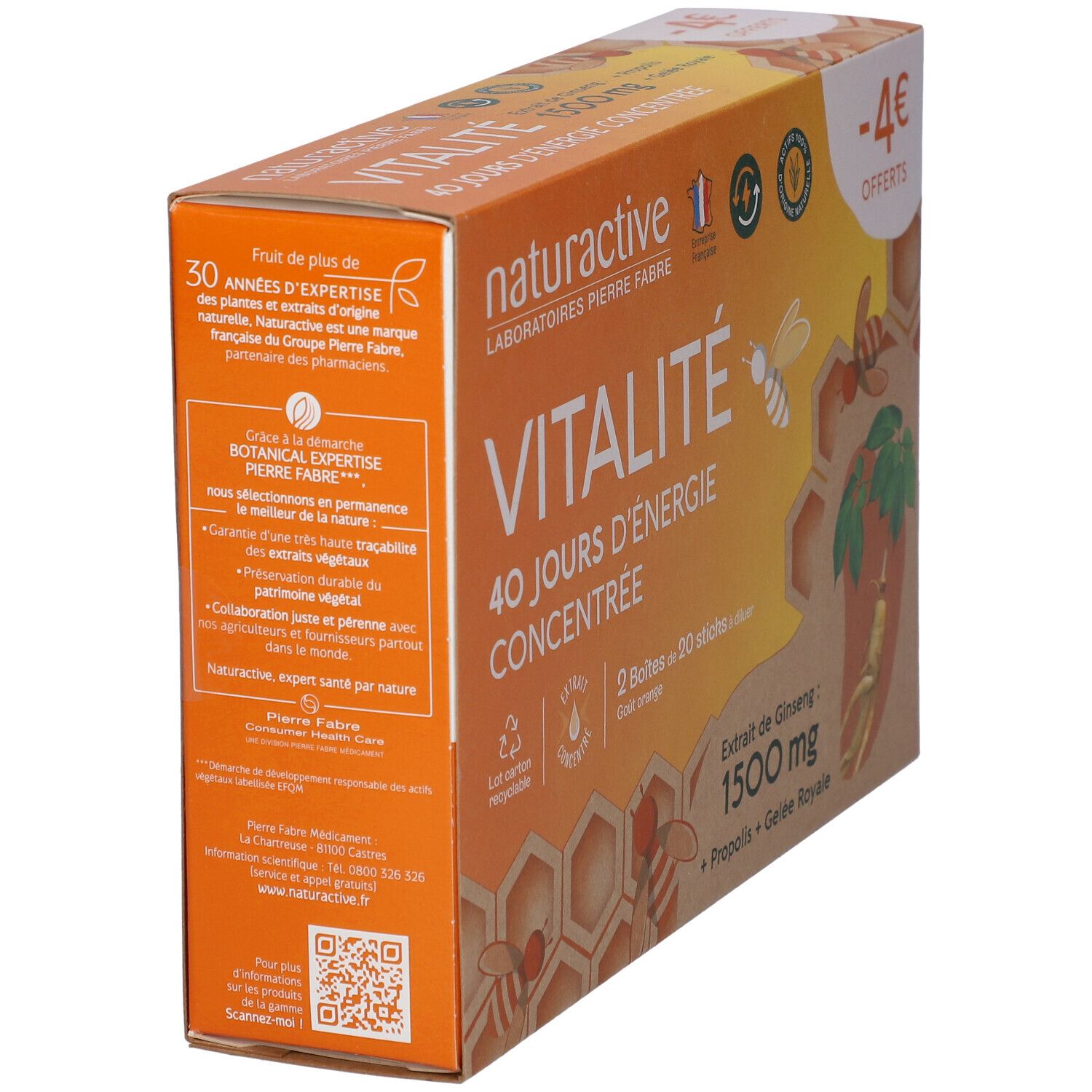 Boîte Naturactive VITALITÉ. Boîte orange avec informations produit. Contient 2 boîtes de 20 sticks. 30 ans d'expertise.